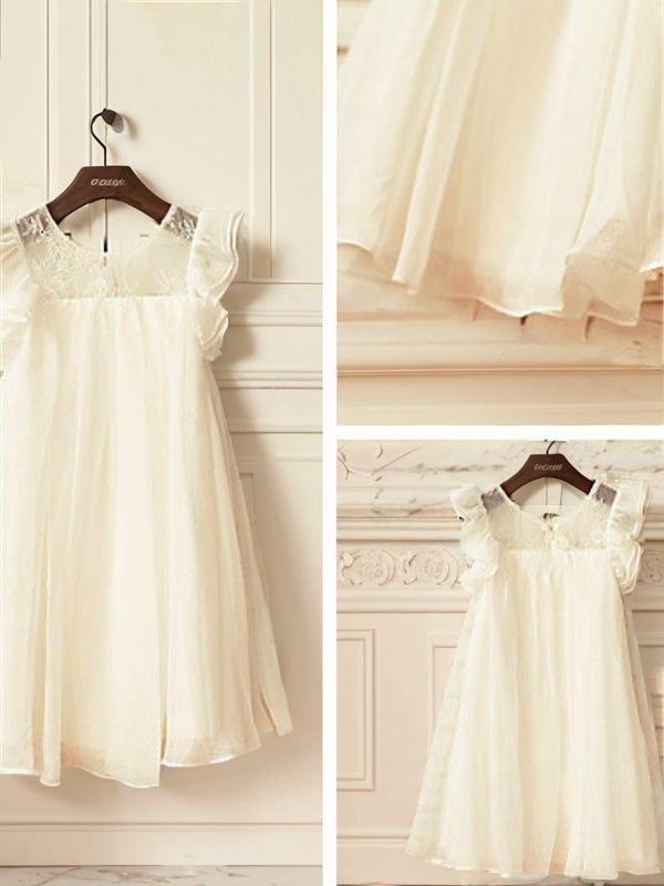 A-line Scoop Short Sleeves Lovely Tea-Length Chiffon Flower Girl Dress With Lace