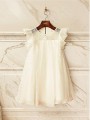 A-line Scoop Short Sleeves Lovely Tea-Length Chiffon Flower Girl Dress With Lace