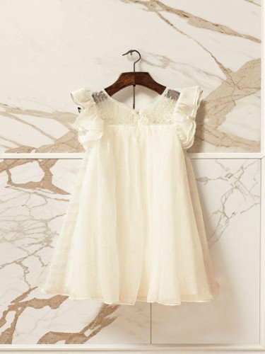 A-line Scoop Short Sleeves Lovely Tea-Length Chiffon Flower Girl Dress With Lace