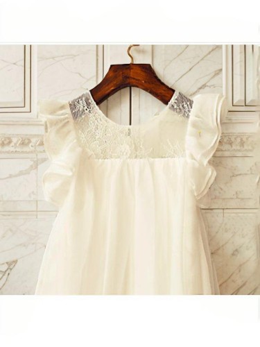 A-line Scoop Short Sleeves Lovely Tea-Length Chiffon Flower Girl Dress With Lace