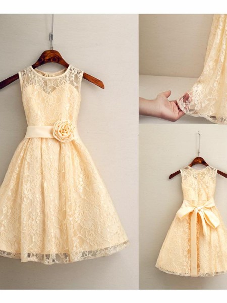 A-line Scoop Sleeveless Tea-Length Dainty Lace Flower Girl Dress