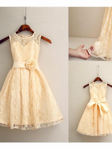 A-line Scoop Sleeveless Tea-Length Dainty Lace Flower Girl Dress