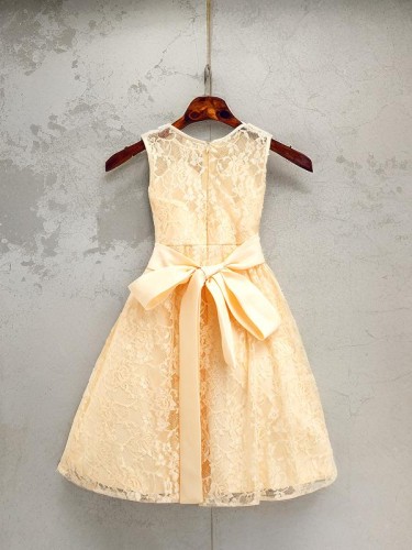 A-line Scoop Sleeveless Tea-Length Dainty Lace Flower Girl Dress