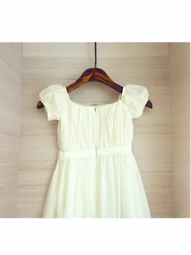 A-line Square Short Sleeves Tea-Length Chiffon Graceful Flower Girl Dress With Ruched