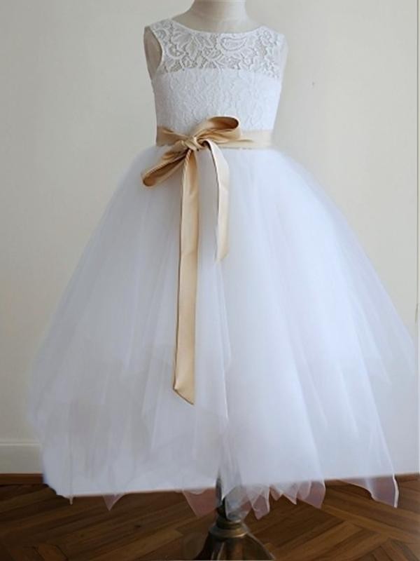 Fairy-tale A-line Princess Scoop Sleeveless Ankle-Length Tulle Flower Girl Dress With Sash