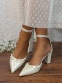 Women's PU With Pearl Closed Toe Chunky Heel Wedding Shoes