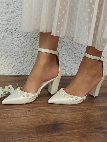 Women's PU With Pearl Closed Toe Chunky Heel Wedding Shoes