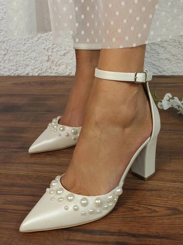 Women's PU With Pearl Closed Toe Chunky Heel Wedding Shoes