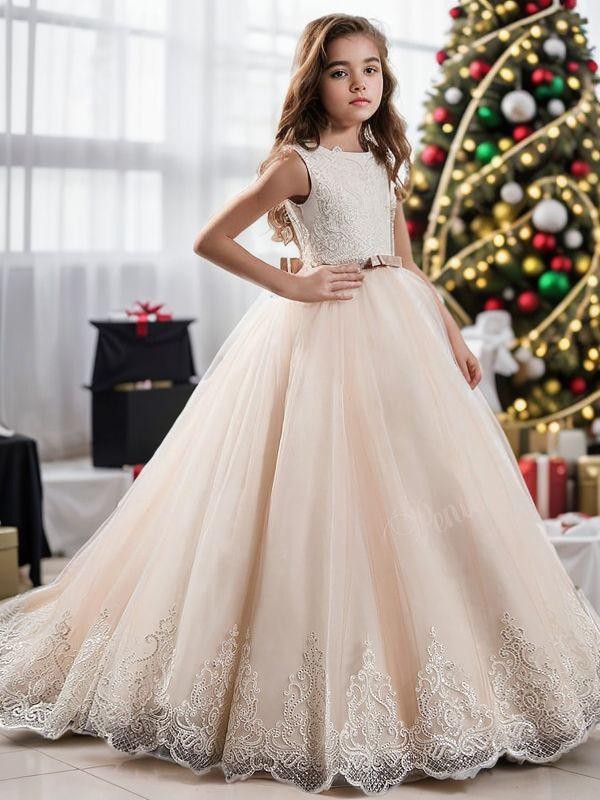 Ball-Gown Princess Jewel Sleeveless Sweep Train Precious Tulle Flower Girl Dress With Lace