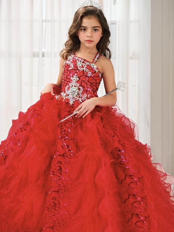 Ball-Gown Straps Sleeveless Celebratory Floor-Length Organza Flower Girl Dress With Sequins