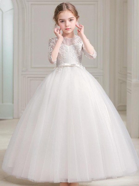 A-line Scoop 3/4 Sleeves Floor-Length Playful Lace Flower Girl Dress