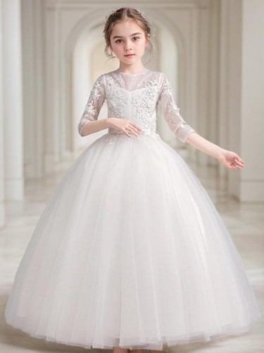 A-line Scoop 3/4 Sleeves Floor-Length Playful Lace Flower Girl Dress