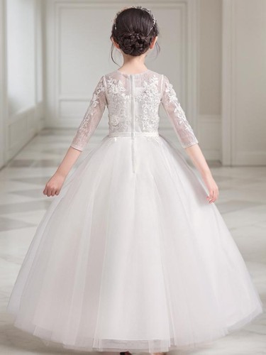 A-line Scoop 3/4 Sleeves Floor-Length Playful Lace Flower Girl Dress