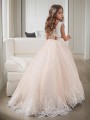 Ball-Gown Princess Jewel Sleeveless Sweep Train Precious Tulle Flower Girl Dress With Lace