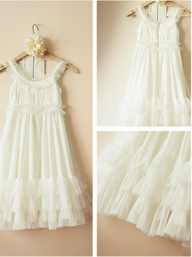 A-line Straps Sleeveless Tea-Length Chiffon Joyful Flower Girl Dress With Ruffles