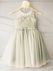 A-line Princess Dreamy Scoop Sleeveless Tea-Length Tulle Flower Girl Dress With Beading