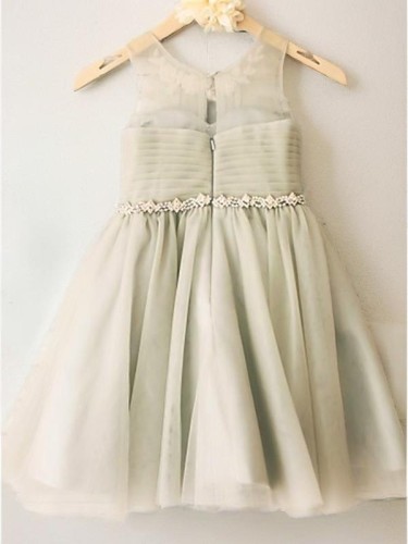 A-line Princess Dreamy Scoop Sleeveless Tea-Length Tulle Flower Girl Dress With Beading