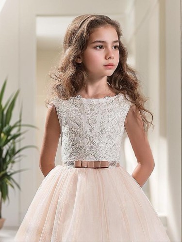 Ball-Gown Princess Jewel Sleeveless Sweep Train Precious Tulle Flower Girl Dress With Lace