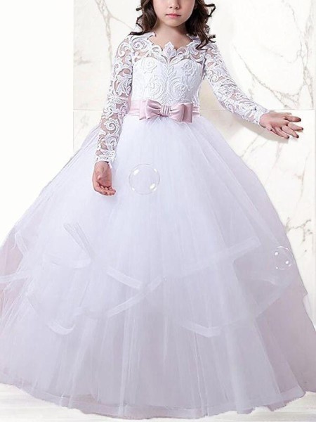 Ball-Gown Princess Jewel Celebratory Long Sleeves Floor-Length Tulle Flower Girl Dress With Lace