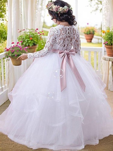 Ball-Gown Princess Jewel Celebratory Long Sleeves Floor-Length Tulle Flower Girl Dress With Lace