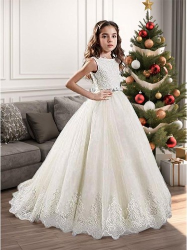 Ball-Gown Princess Jewel Sleeveless Sweep Train Precious Tulle Flower Girl Dress With Lace