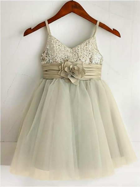 A-line Princess Spaghetti Straps Sleeveless Tea-Length Delightful Tulle Flower Girl Dress With Sequins