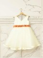 A-line Princess V-neck Sleeveless Tea-Length Tulle Sweet Flower Girl Dress With Hand-Made Flower