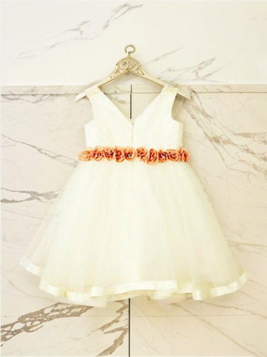 A-line Princess V-neck Sleeveless Tea-Length Tulle Sweet Flower Girl Dress With Hand-Made Flower