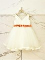 A-line Princess V-neck Sleeveless Tea-Length Tulle Sweet Flower Girl Dress With Hand-Made Flower