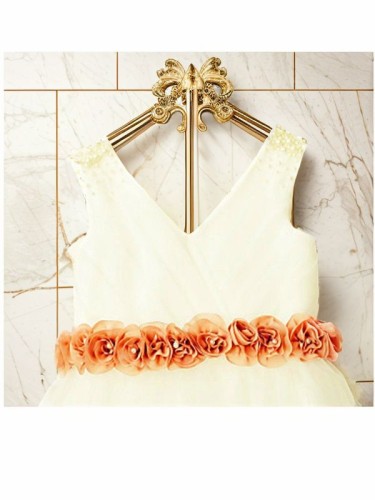 A-line Princess V-neck Sleeveless Tea-Length Tulle Sweet Flower Girl Dress With Hand-Made Flower