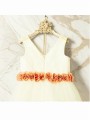 A-line Princess V-neck Sleeveless Tea-Length Tulle Sweet Flower Girl Dress With Hand-Made Flower