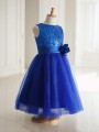 Innocent A-line Princess Jewel Sleeveless Tea-Length Tulle Flower Girl Dress With Hand-Made Flower