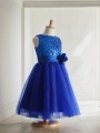 Innocent A-line Princess Jewel Sleeveless Tea-Length Tulle Flower Girl Dress With Hand-Made Flower