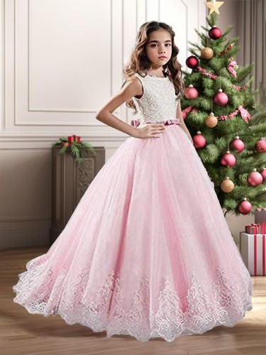 Ball-Gown Princess Jewel Sleeveless Sweep Train Precious Tulle Flower Girl Dress With Lace