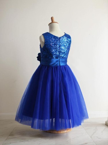 Innocent A-line Princess Jewel Sleeveless Tea-Length Tulle Flower Girl Dress With Hand-Made Flower