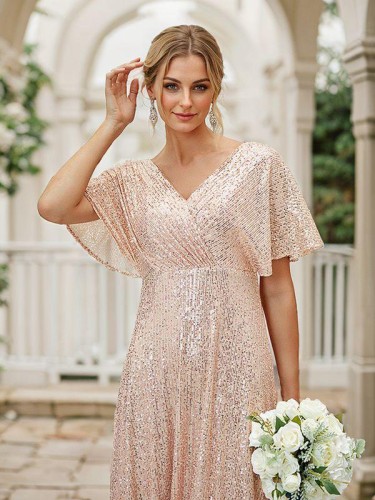 A-line V-Neck Charming Short Sleeves Floor-Length Bridesmaid Dresses