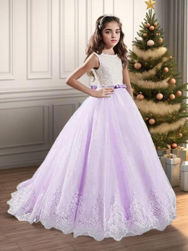 Ball-Gown Princess Jewel Sleeveless Sweep Train Precious Tulle Flower Girl Dress With Lace