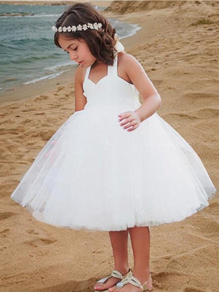 A-line Princess Halter Sleeveless Dainty Tea-Length Tulle Flower Girl Dress With Ruffles