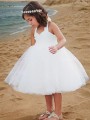 A-line Princess Halter Sleeveless Dainty Tea-Length Tulle Flower Girl Dress With Ruffles