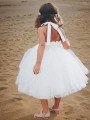 A-line Princess Halter Sleeveless Dainty Tea-Length Tulle Flower Girl Dress With Ruffles