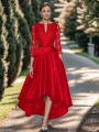 Stunning A-line Bateau 3/4 Sleeves Satin Asymmetrical Mother of the Bride Dress With Ruffles