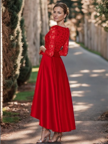 Stunning A-line Bateau 3/4 Sleeves Satin Asymmetrical Mother of the Bride Dress With Ruffles