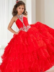 Ball-Gown Halter Sleeveless Floor-Length Organza Celebratory Flower Girl Dress With Sequins