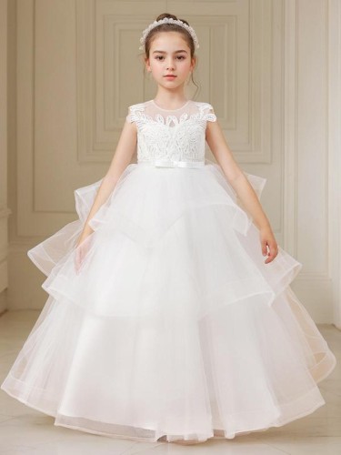 Ball-Gown Princess Scoop Sleeveless Floor-Length Graceful Tulle Flower Girl Dress