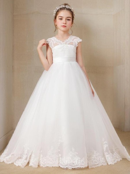 Ball-Gown Princess V-neck Short Sleeves Sweep Train Tulle Fairy-tale Flower Girl Dress