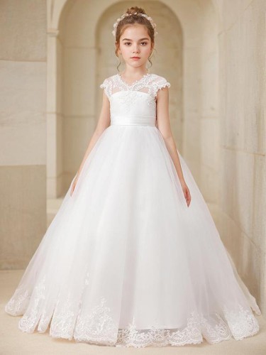 Ball-Gown Princess V-neck Short Sleeves Sweep Train Tulle Fairy-tale Flower Girl Dress