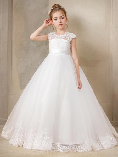 Ball-Gown Princess V-neck Short Sleeves Sweep Train Tulle Fairy-tale Flower Girl Dress