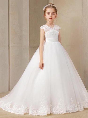 Ball-Gown Princess V-neck Short Sleeves Sweep Train Tulle Fairy-tale Flower Girl Dress