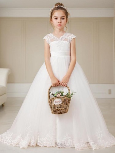 Ball-Gown Princess V-neck Short Sleeves Sweep Train Tulle Fairy-tale Flower Girl Dress