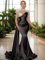 Sheath/Column Glam High Neck Long Sleeves Sweep Train Elastic Woven Satin Dress With Rhinestone